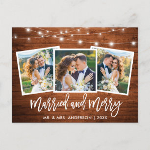 Pinsel Script Wood Lights 3 Foto Verheiratet Merry Postkarte