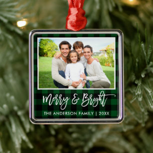 Pinsel Skript Grün Kariert Merry and Bright Family Ornament Aus Metall