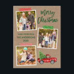 Pinsel Skript Handball Truck WeihnachtsKraft Postkarte<br><div class="desc">Modernes Pinselskript Frohe Weihnachten 3 Foto Collage Holiday Postcard beinhaltet Handwerk Tape und Vintager Wasserfarbe Red Truck mit Weihnachtsbaum. Rustikales Kraftpapier.</div>