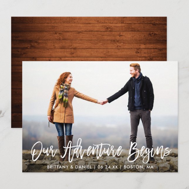 Pinsel Skript Save the Date Adventure Wood Card Einladung (Vorne/Hinten)