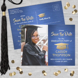 Pinselblau und Gold Abschluss Foto Save the Date Postkarte
