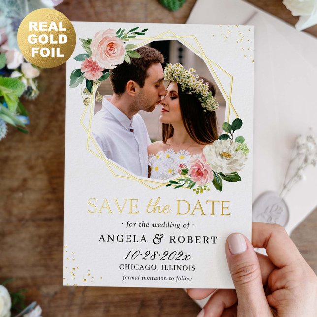 Pinselgeometrisches Foto Save the Date real Folieneinladung (Von Creator hochgeladen)