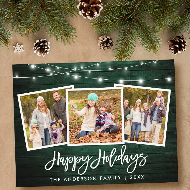 Pinselschrift Green Wood Lights Holiday 3 Foto Postkarte (Customize to change your personalized text size or text style.)