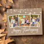 Pinselschrift Kraft Lights 3 Foto Erntedank Postkarte<br><div class="desc">Rustikales Brush Script 3 Foto Kraft Happy Thanksgiving Card mit String Lights</div>