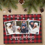 Pinselschrift Red Kariert Lights 3 Foto Urlaub Postkarte<br><div class="desc">Brush Script 3 Foto Family Happy Holidays Card mit String Lights - Red Buffalo Kariert</div>