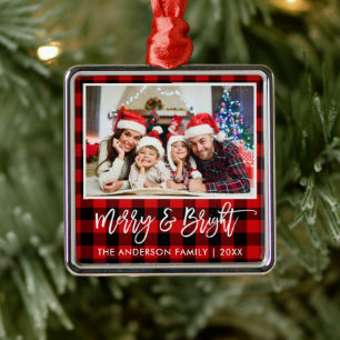 Pinselschrift Red Kariert Merry and Bright Family Ornament Aus Metall