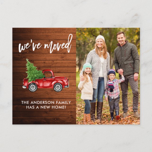 Pinselschrift Rustikale Adressenänderung Red Truck Postkarte (Vorderseite)