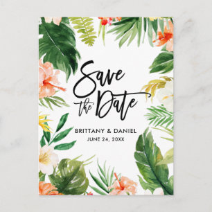 Pinselschrift Save the Date Tropical Coral Floral Postkarte