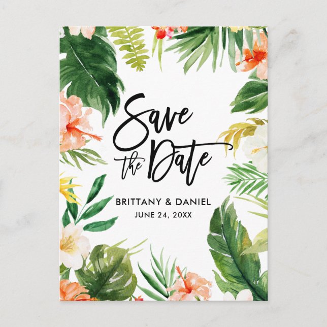 Pinselschrift Save the Date Tropical Coral Floral Postkarte (Vorderseite)