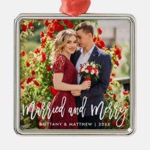 Pinselschrift Verheiratet & Merry Foto Wedding Squ Ornament Aus Metall