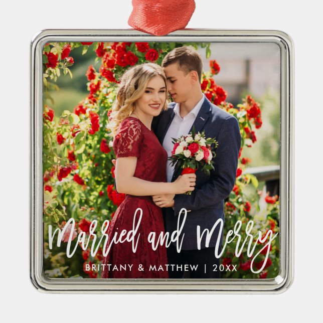 Pinselschrift Verheiratet & Merry Foto Wedding Squ Ornament Aus Metall (Vorne)