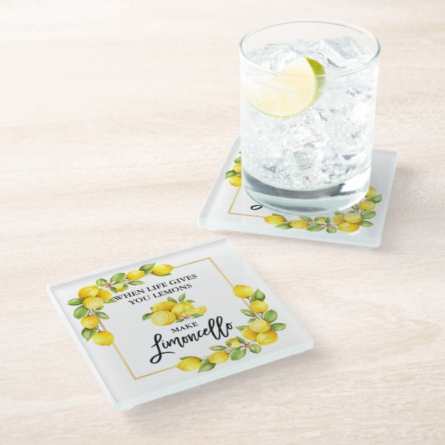Pinselschrift Wasserfarbe Limoncello Glasuntersetzer (Schrägansicht)
