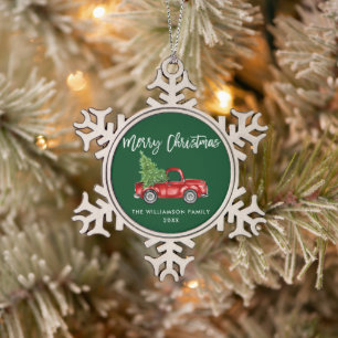 Pinselschrift Watercolor Vintag Truck Green Schneeflocken Zinn-Ornament
