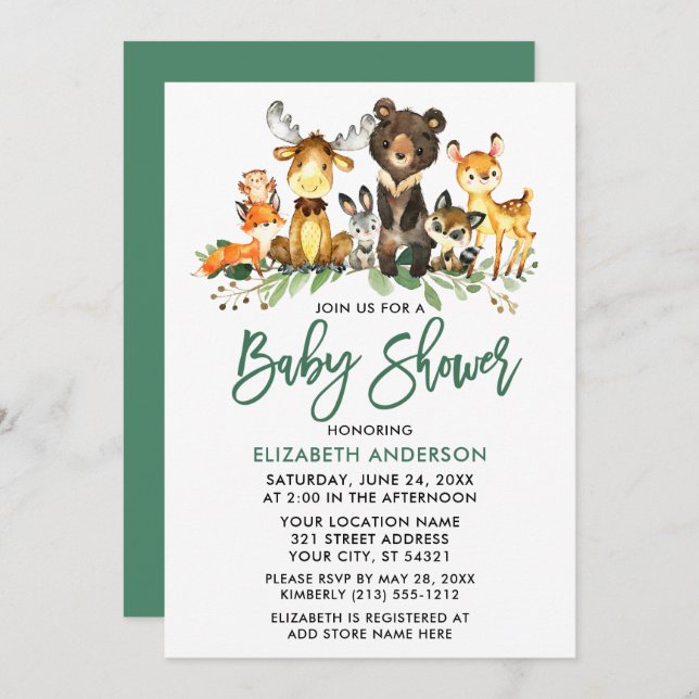 Pinselschrift Watercolor Woodland Animals Dusche Einladung (Vorne/Hinten)