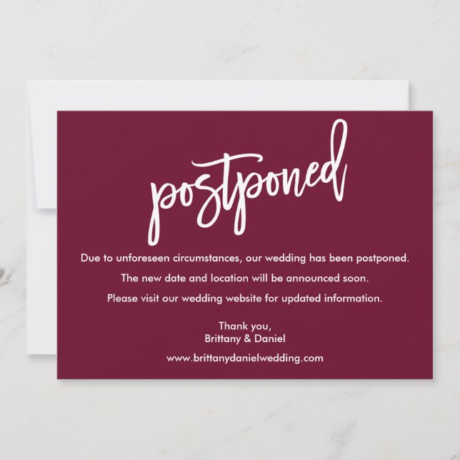 PinselskriptWedding Postponed Burgundy Card Save The Date (Vorderseite)