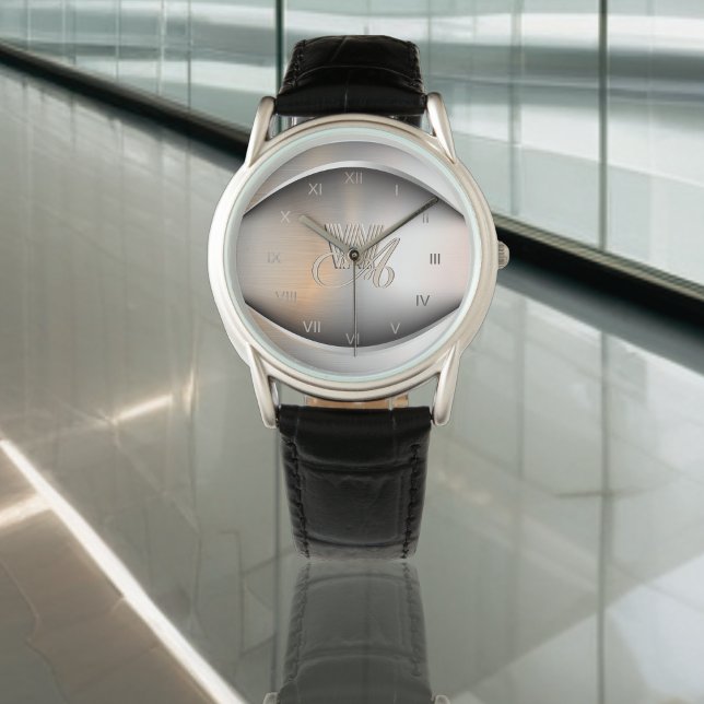 Pinselstahl mit eingraviertem Monogramm-Muster Armbanduhr (Von Creator hochgeladen)