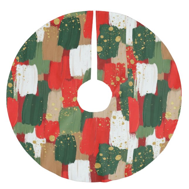 Pinselstrich-Freude in Rot, Grün und Gold Polyester Weihnachtsbaumdecke (Vorderseite)