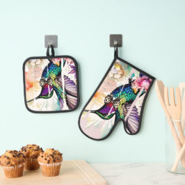 Pinselstrich-Vogel-Kunst Ofenhandschuh & Topflappen-Set
