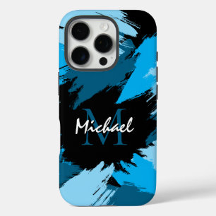 Pinselstriche in blauen Farbtönen mit Monogramm iPhone 16 Pro Hülle