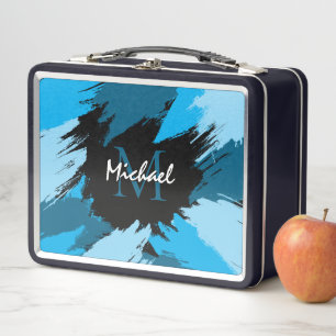 Pinselstriche in blauen Farbtönen mit Monogramm Metall Brotdose