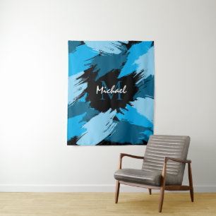 Pinselstriche in blauen Farbtönen mit Monogramm Wandteppich