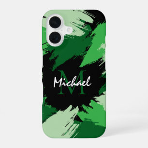 Pinselstriche in grünen Farbtönen mit Monogramm iPhone 16 Hülle