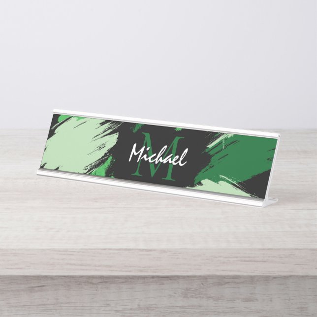 Pinselstriche in grünen Farbtönen mit Monogramm Schreibtischnamensplakette (Vorderseite )