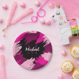 Pinselstriche in heißen rosa Farbtönen mit Monogra Pappteller