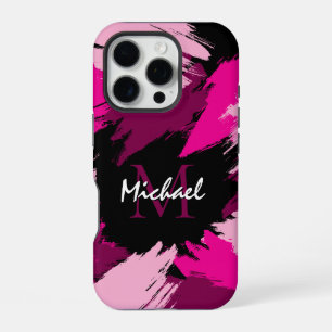 Pinselstriche in heißen Rosa-Tönen mit Monogramm iPhone 16 Pro Hülle