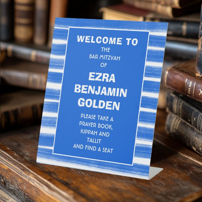 Pinselstriche Streifen Blue Bar Bat Mitzvah CUSTOM Sockelschild (Brushstrokes Stripes Blue Bar Bat Mitzvah CUSTOM Pedestal Sign
)