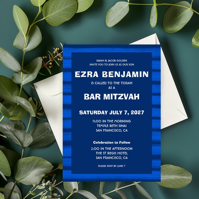Pinselstriche Streifen Blue Custom Bar Bat Mitzvah Einladung (Brushstrokes Stripes Blue Custom Bar Bat Mitzvah Invitation
)