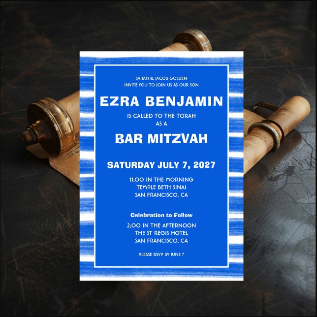 Pinselstriche Streifen Blue Custom Bar Bat Mitzvah Einladung (Brushstrokes Stripes Blue Custom Bar Bat Mitzvah Invitation
)