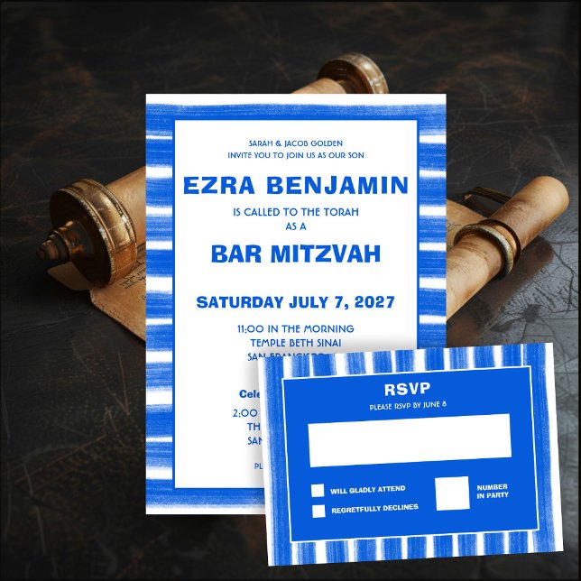 Pinselstriche Streifen Blue Custom Bar Bat Mitzvah Einladung (Brushstrokes Stripes Blue Custom Bar Bat Mitzvah Invitation
)