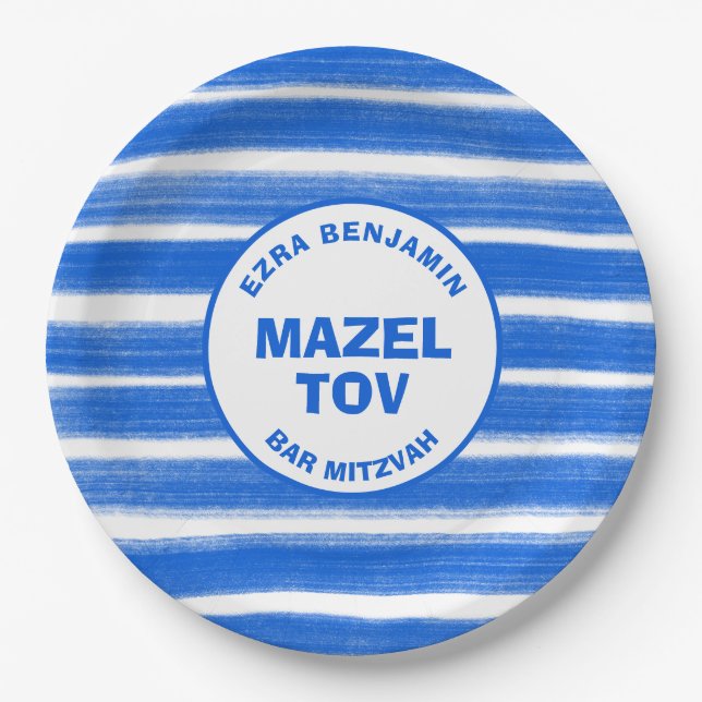 Pinselstriche Streifen Blue Custom Bar Bat Mitzvah Pappteller (Vorderseite)
