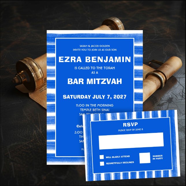 Pinselstriche Streifen Blue Custom Bar Bat Mitzvah RSVP Karte (Brushstrokes Stripes Blue Custom Bar Bat Mitzvah RSVP Card
)