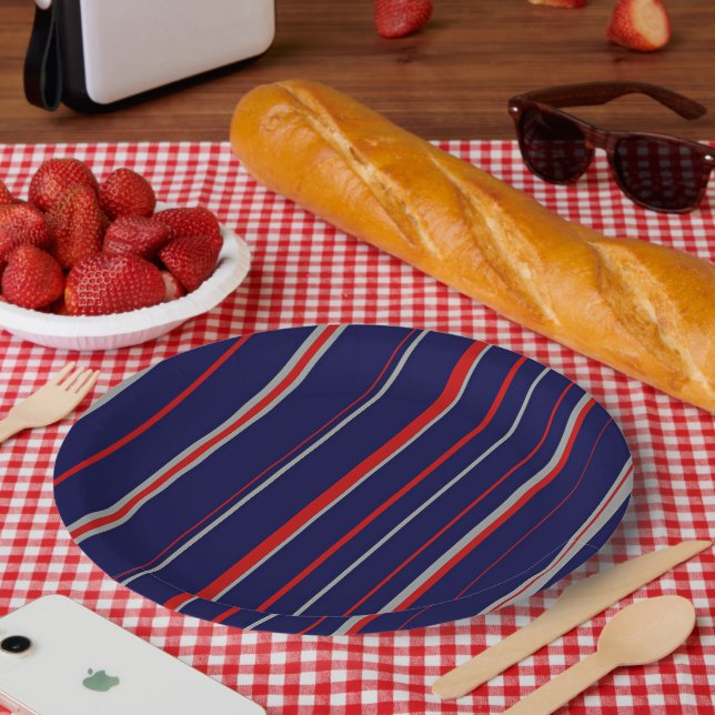 Pinstreifen, rot, Marine, grau Pappteller (Picknick)