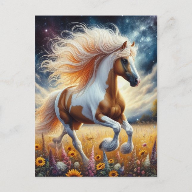 Pinto Horse in Flower Meadow Postkarte (Vorderseite)