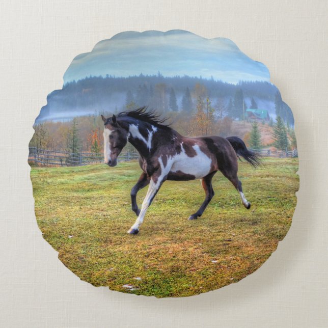 Pinto Paint Horse & Misty Morning auf Ranch Rundes Kissen (Vorderseite)