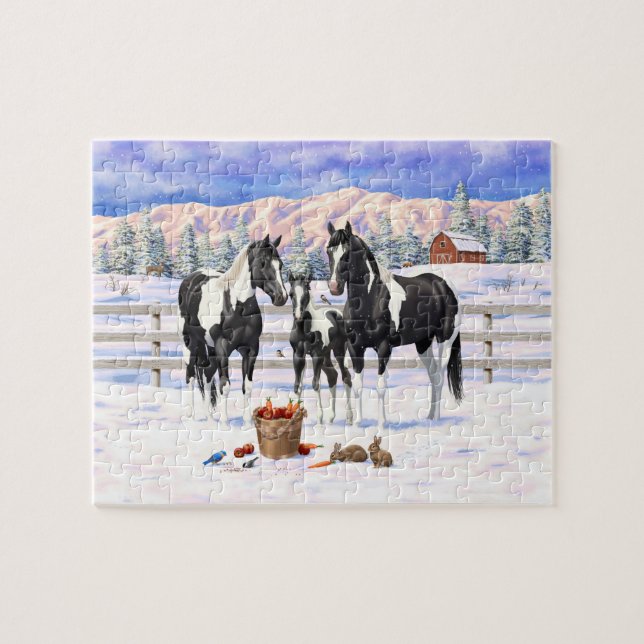 Pinto Paint Quarter Pferde auf einem Schneefall Puzzle (Horizontal)