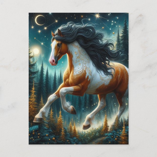 Pinto Pferd im Magischen Nachtwald Postkarte (Vorderseite)