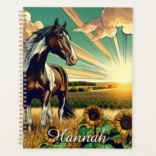 Pinto Pferd in einem Sonnenblumenfeld Personalisie Planer