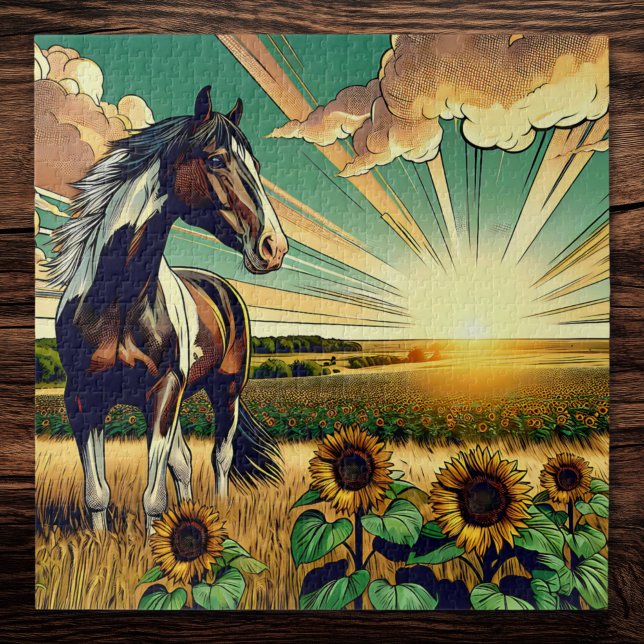 Pinto Pferd in einem Sonnenblumenfeld Puzzle (Von Creator hochgeladen)