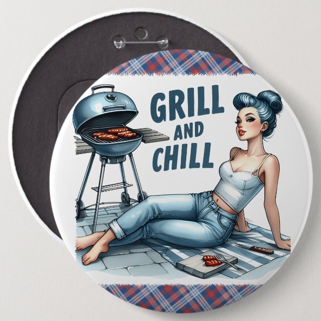 Pinup Lady Grill & Chill Pinback Buttons Humorvoll (Vorne & Hinten)