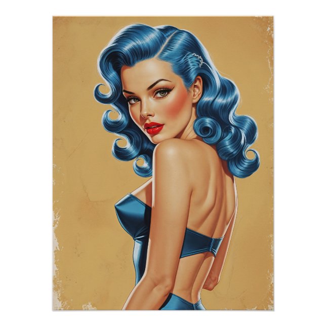 Pinup-Plakat mit blauen Haaren im Trikot Poster (Vorderseite)