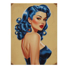 Pinup-Plakat mit blauen Haaren im Trikot Poster