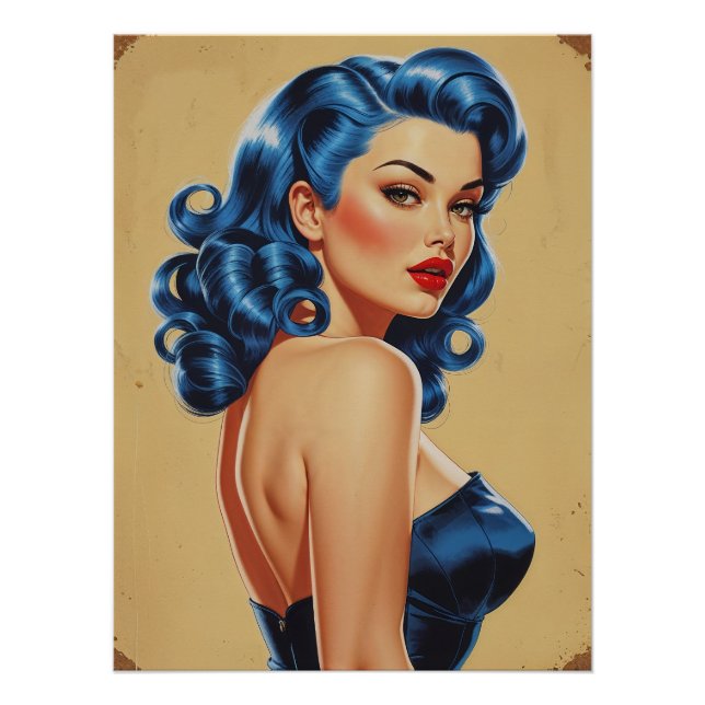 Pinup-Plakat mit blauen Haaren im Trikot Poster (Vorderseite)