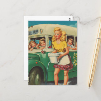 Pinup Retro Woman Washing a School Bus Postkarte