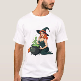 Pinup Witch Halloween Cauldron Art Retro Design T-Shirt