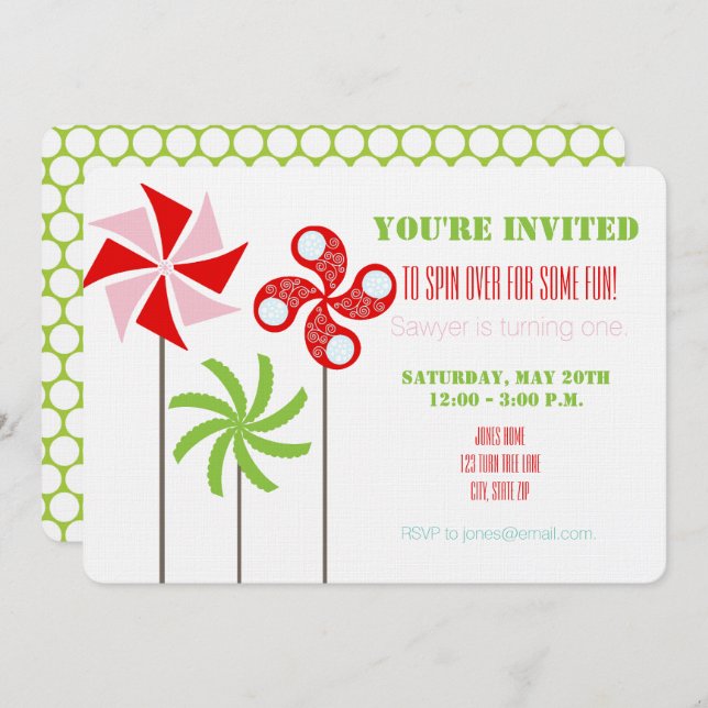 Pinwheel Bday Invite (Girl) - Print oder Download Einladung (Vorne/Hinten)