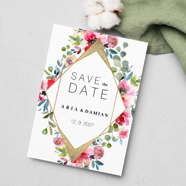 Pinzette, rosa, goldfarben, Save the Date Einladung (Geometric pink mint red gold floral Save the Date)